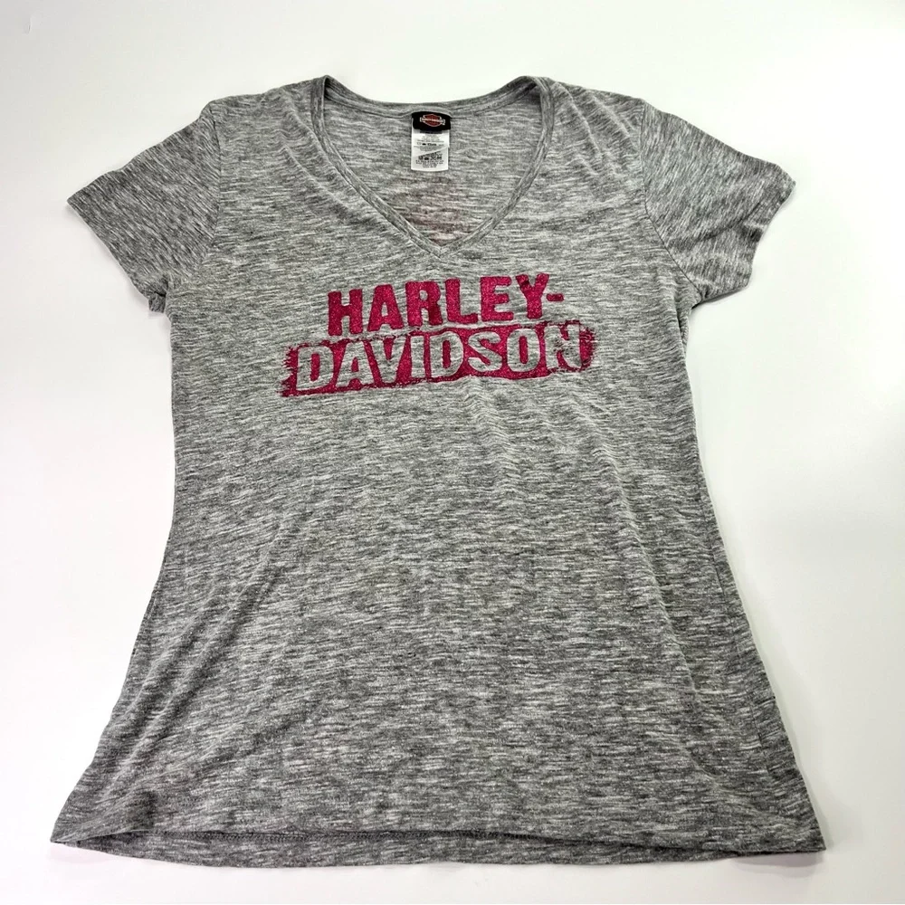 Harley Davidson El Paso TX Pink Glitter Graphic V-Neck Tee Heathered Grey M - Picture 1 of 8
